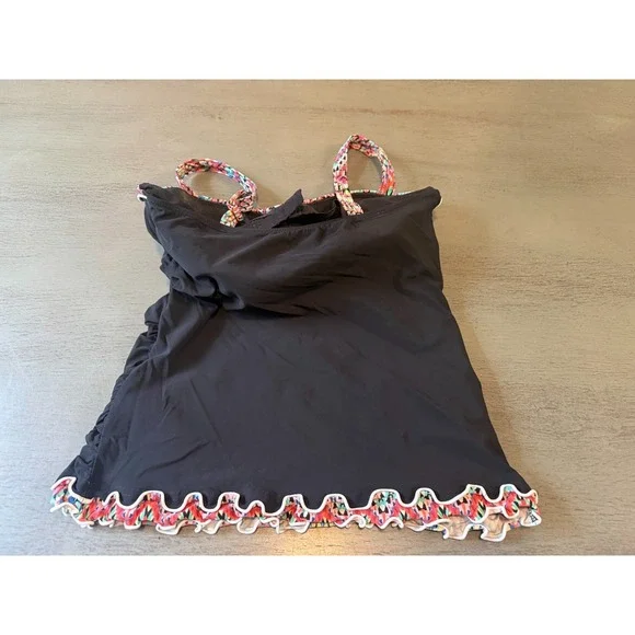 black ruffle trim PROFILE BY GOTTEX   swimsuit  top tankini size 34D - Picture 2 of 2